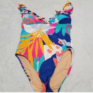 J. Crew Multicolored Hawaiian One Piece Solid Ruffle Swimsuit Swim Women‎ Small